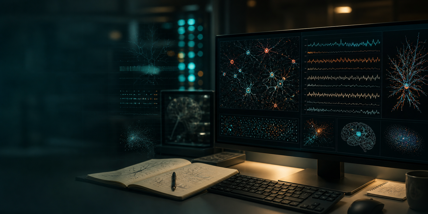 A neuroscience research workstation with neural imaging and signal analysis visualizations